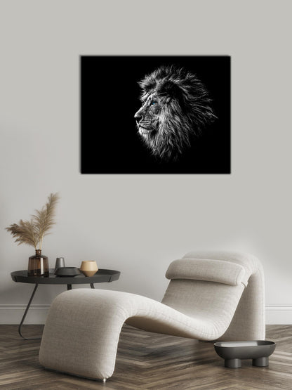 Toile d'Art Faune Sauvage - Tête de Lion Œil Bleu en Noir et Blanc - Vernis argenté