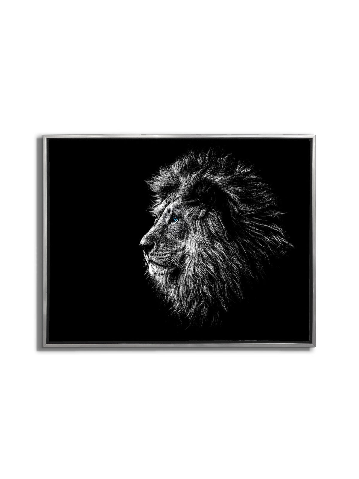 Toile d'Art Faune Sauvage - Tête de Lion Œil Bleu en Noir et Blanc - Vernis argenté