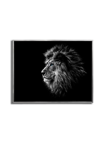 Toile d'Art Faune Sauvage - Tête de Lion Œil Bleu en Noir et Blanc - Vernis argenté