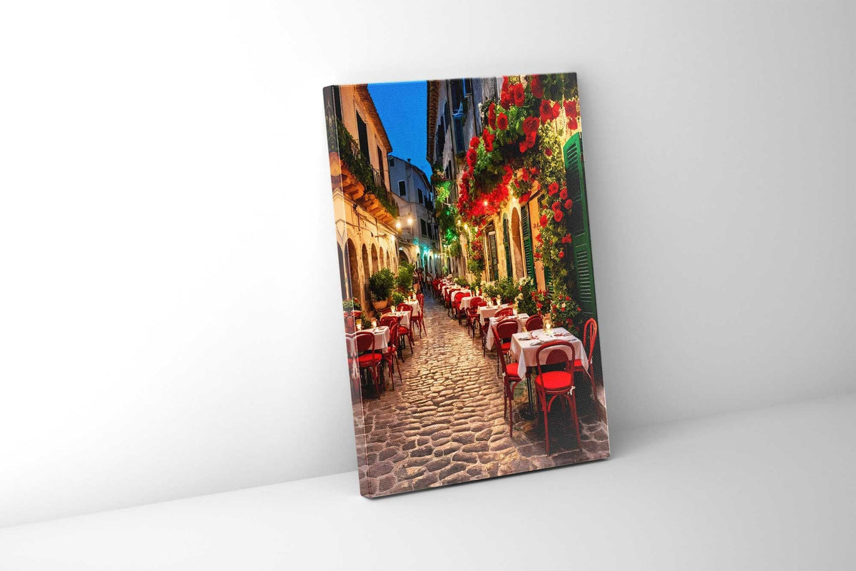 Italian Cafe Canvas Wall Art | Colourful Evening Street | 35 × 47 inches