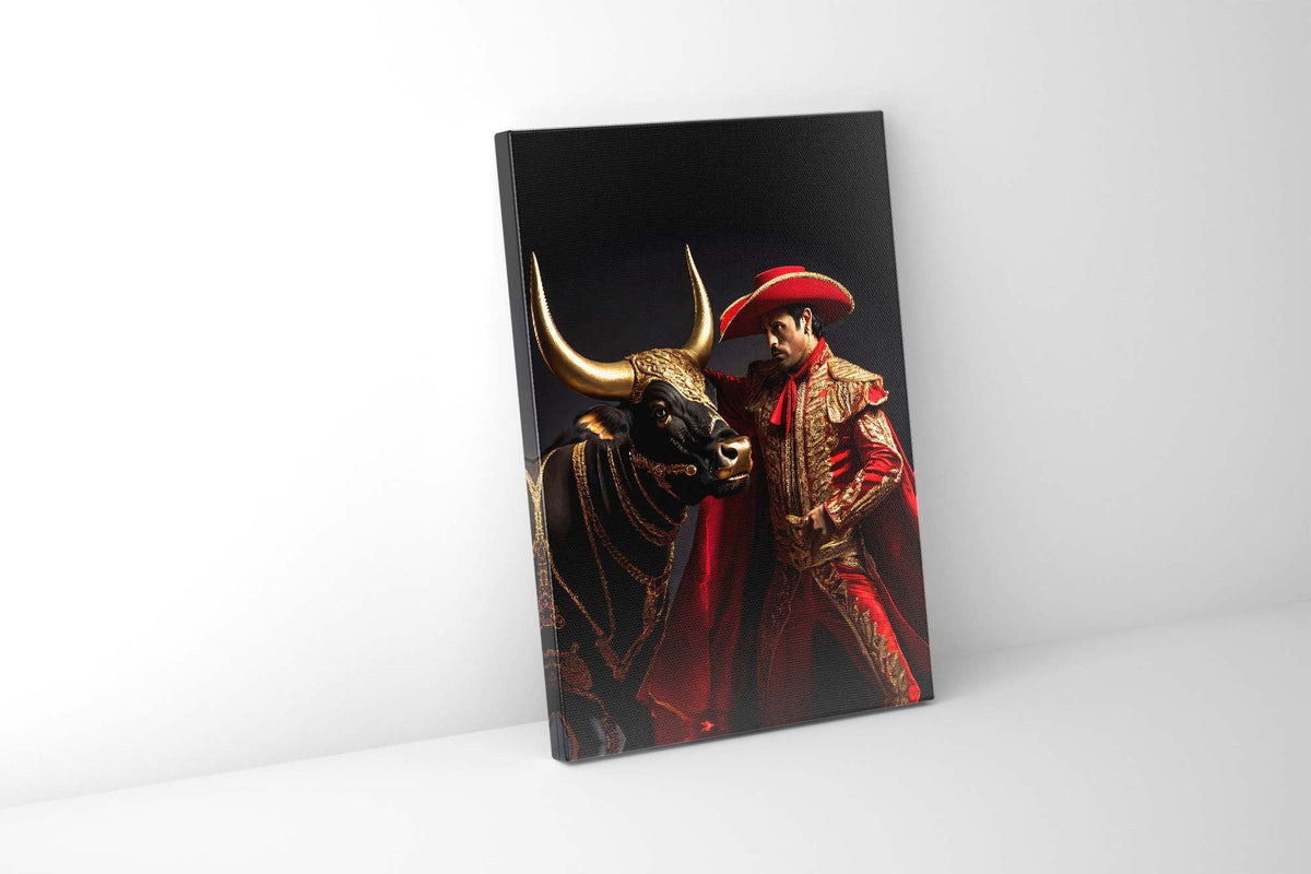 Bullfighter & Bull Canvas Wall Art | Red and Gold | 35 × 47 inches
