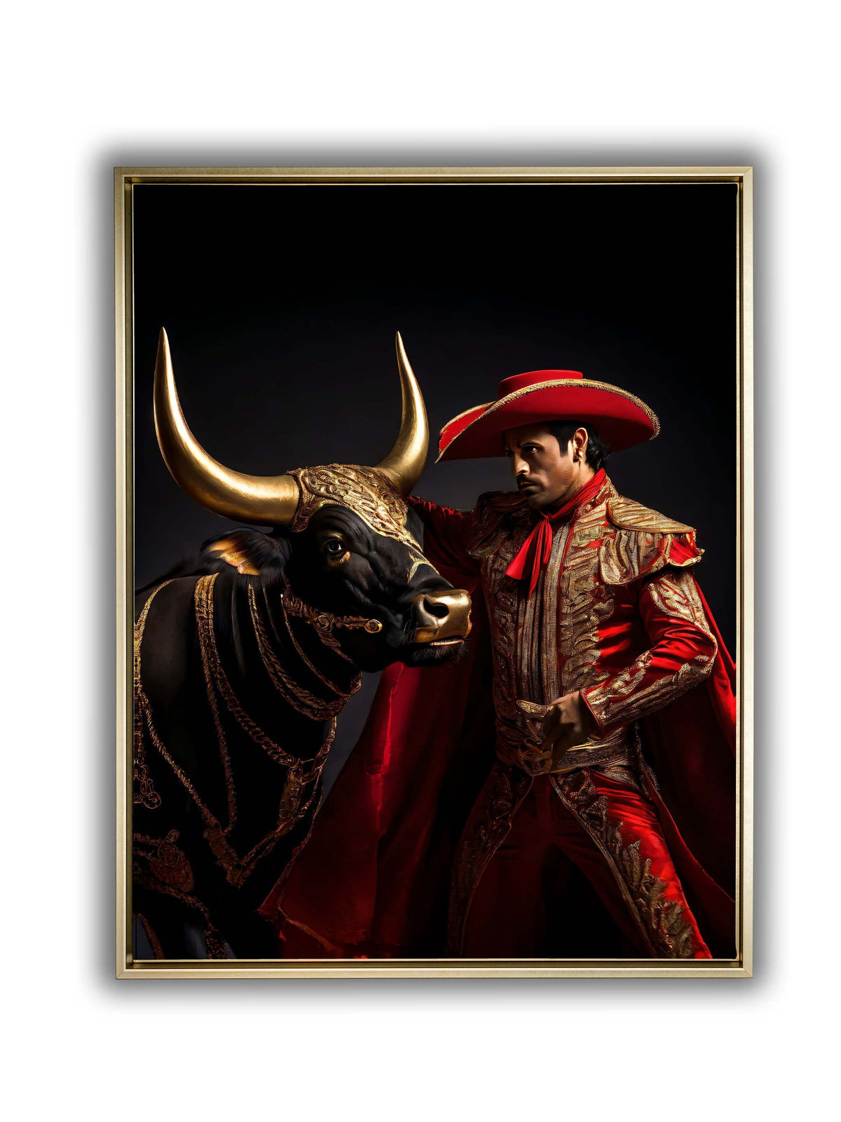 Bullfighter & Bull Canvas Wall Art | Red and Gold | 35 × 47 inches