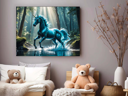 Blue Unicorn Canvas Wall Art | Enchanted Forest | 47 × 35 inches