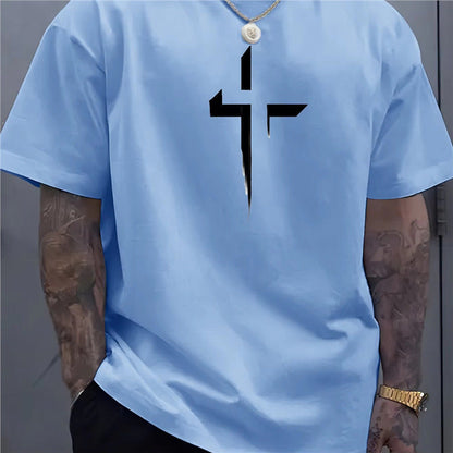 Street-style Mens Casual Loose-fit Cross-print Creative Sports Short-sleeve Top