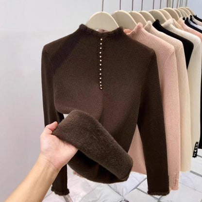 Women’s Fleece-Lined Mock Neck Thermal Top – Oversized One-Piece Pullover for Fall & Winter
