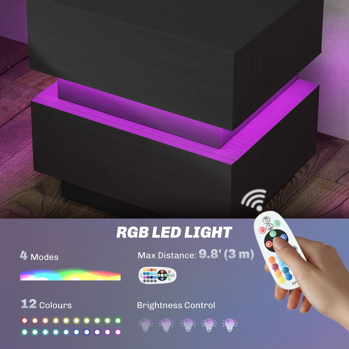 Table de chevet Emma avec station de recharge, ports USB et lumière LED - Noir