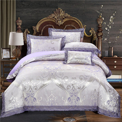 Parure de lit de luxe quatre pièces en coton jacquard – Housse de couette en pur coton et drap de lit en satin de soie