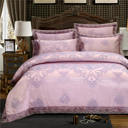 Parure de lit de luxe quatre pièces en coton jacquard – Housse de couette en pur coton et drap de lit en satin de soie
