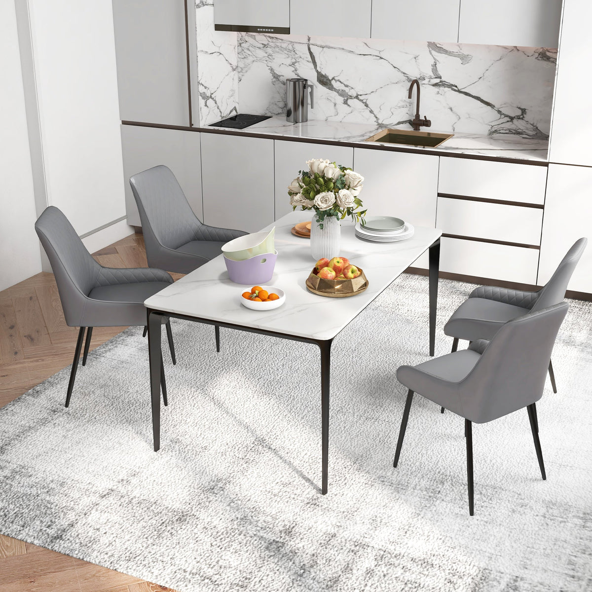 Chaises de salle à manger modernes en cuir vegan Blake avec capitonnage losange - Lot de 4 - Gris