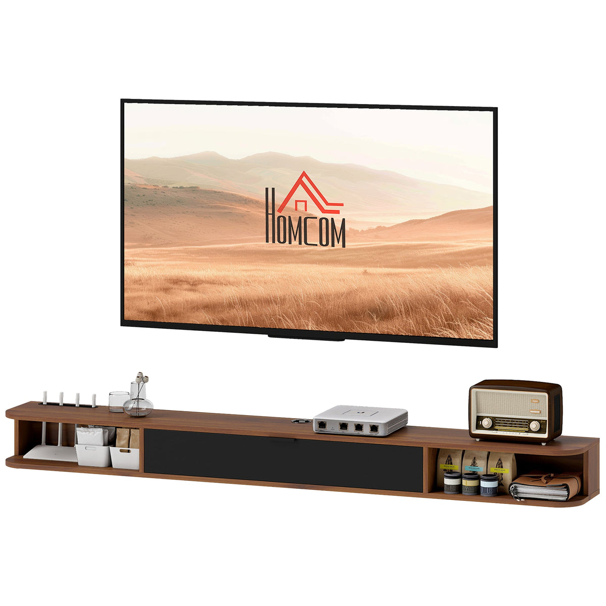 Meuble TV mural Lennox pour téléviseurs jusqu'à 75 pouces avec tiroir basculant – Noyer