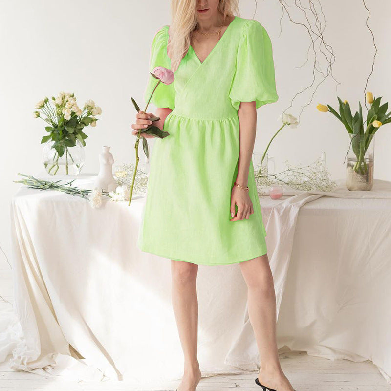 Women’s V-Neck Half-Sleeve Loose Dress – Relaxed-Fit Casual Summer Midi Dress