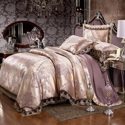 Parure de lit de luxe quatre pièces en coton jacquard – Housse de couette en pur coton et drap de lit en satin de soie