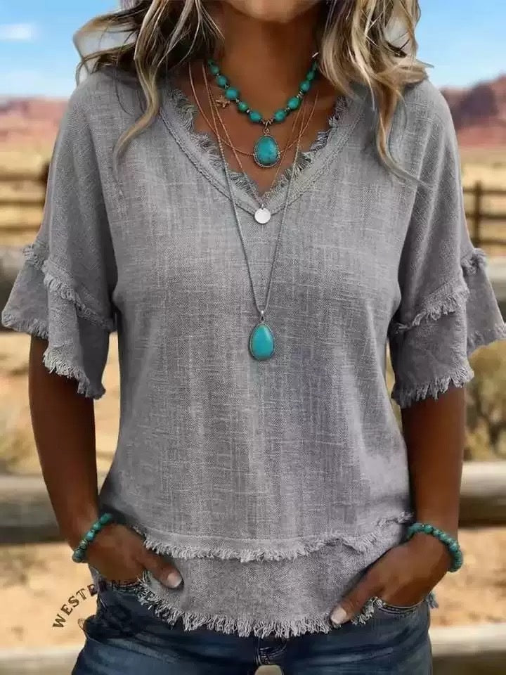 Casual Women's Shirt V-Neck Short Sleeve Loose Fit Pure Color Summer Fashion Trend Pullover Tops For Daily Wear