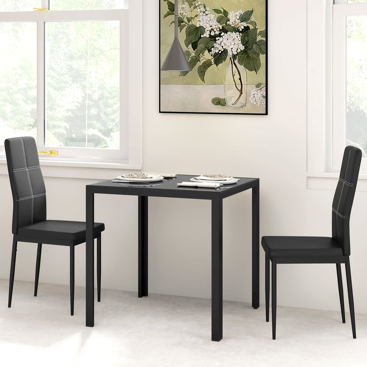 Ensemble de salle à manger rectangulaire 3 pièces en verre Zaya pour petits espaces - Noir