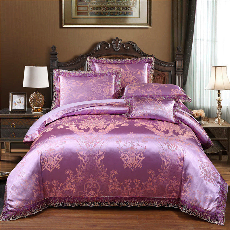 Parure de lit de luxe quatre pièces en coton jacquard – Housse de couette en pur coton et drap de lit en satin de soie