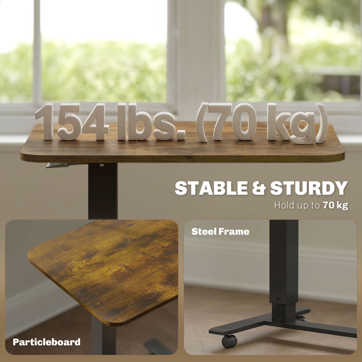 Bureau debout mobile pneumatique Emerson à hauteur réglable-Brun rustique