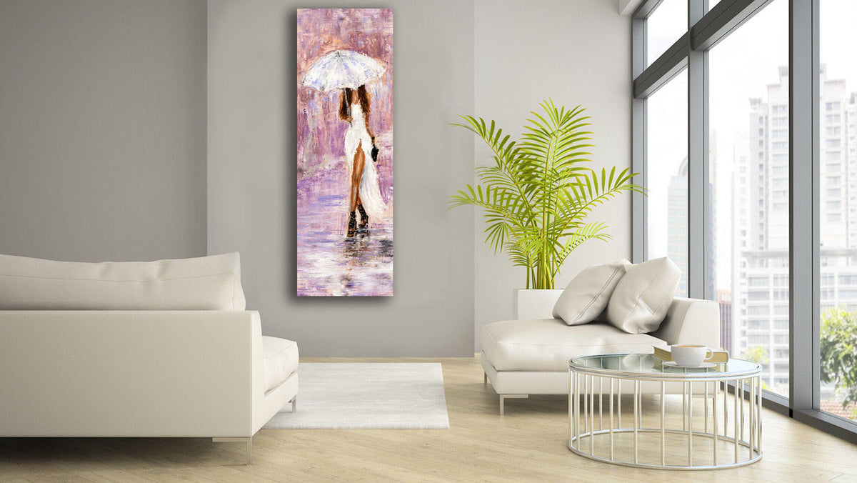 Tableau mural sur toile - Femme au parapluie en rose