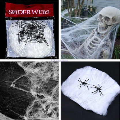 Halloween Stretchable Spider Web Decoration – Cotton Web with Mini Spiders for Indoor & Outdoor Use