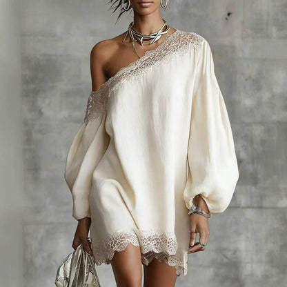 Women's Off-Shoulder Long Sleeve Mini Dress | Lace Trim Dress
