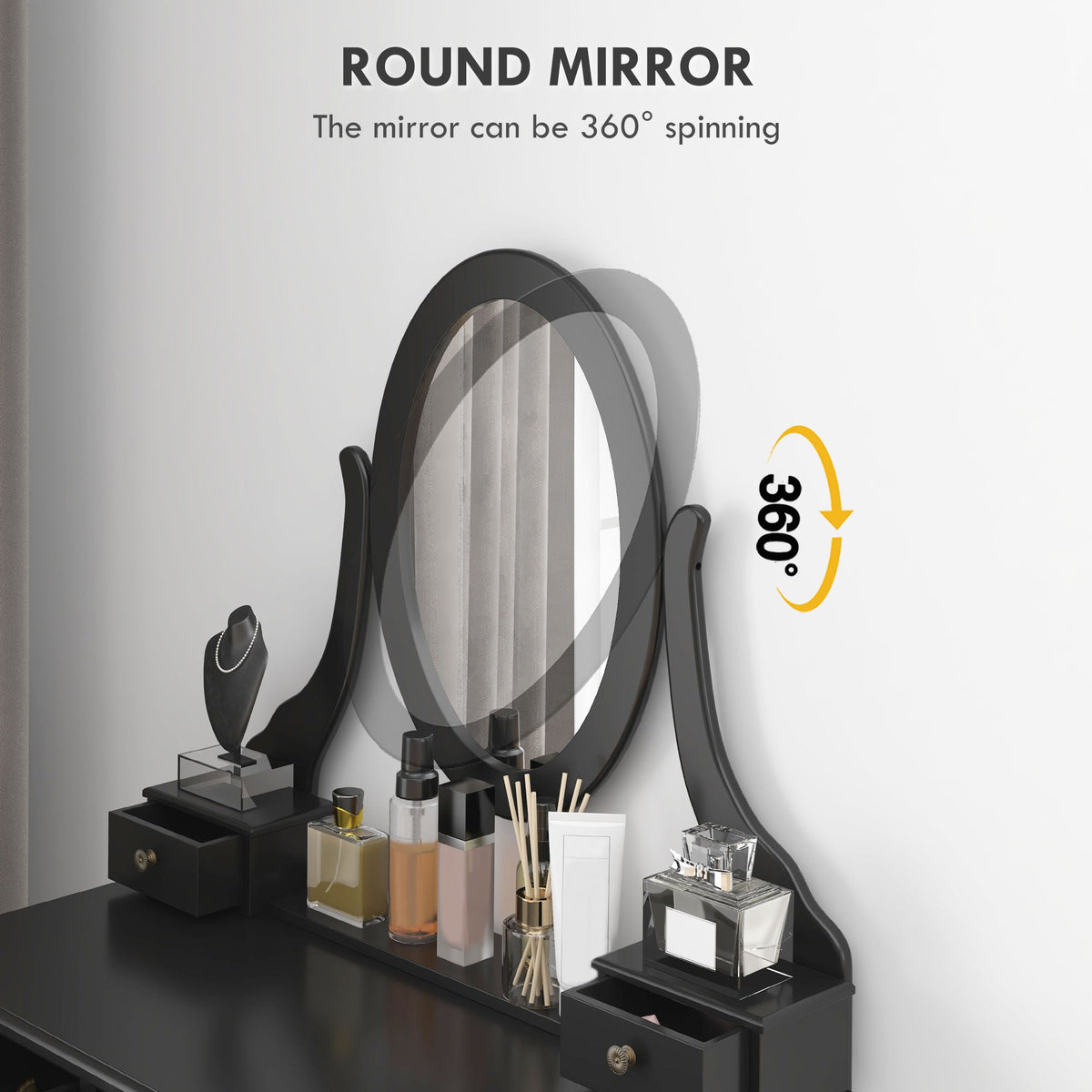 Coiffeuse Emma avec tabouret rembourré et miroir ovale rotatif à 360°-Noir
