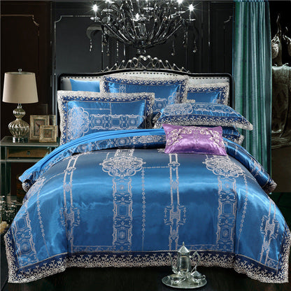 Parure de lit de luxe quatre pièces en coton jacquard – Housse de couette en pur coton et drap de lit en satin de soie