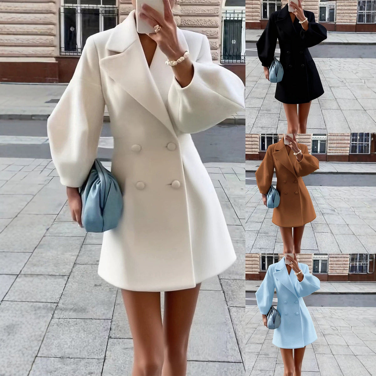Women’s Retro Wool Coat – Puff Sleeve Double-Breasted Jacket with Large Lapel