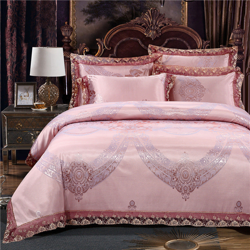 Parure de lit de luxe quatre pièces en coton jacquard – Housse de couette en pur coton et drap de lit en satin de soie