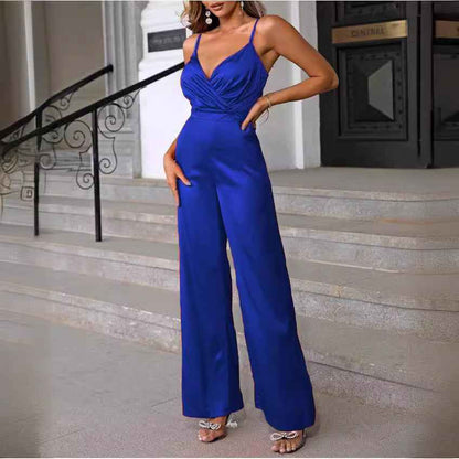 Fitted-waist Strapless Chic V-neck Wide-leg Jumpsuit