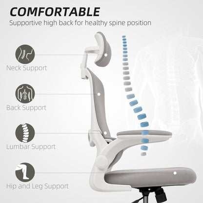 Chaise de bureau ergonomique en maille Owen avec dossier haut, appui-tête rotatif, accoudoirs relevables et support lombaire - Gris