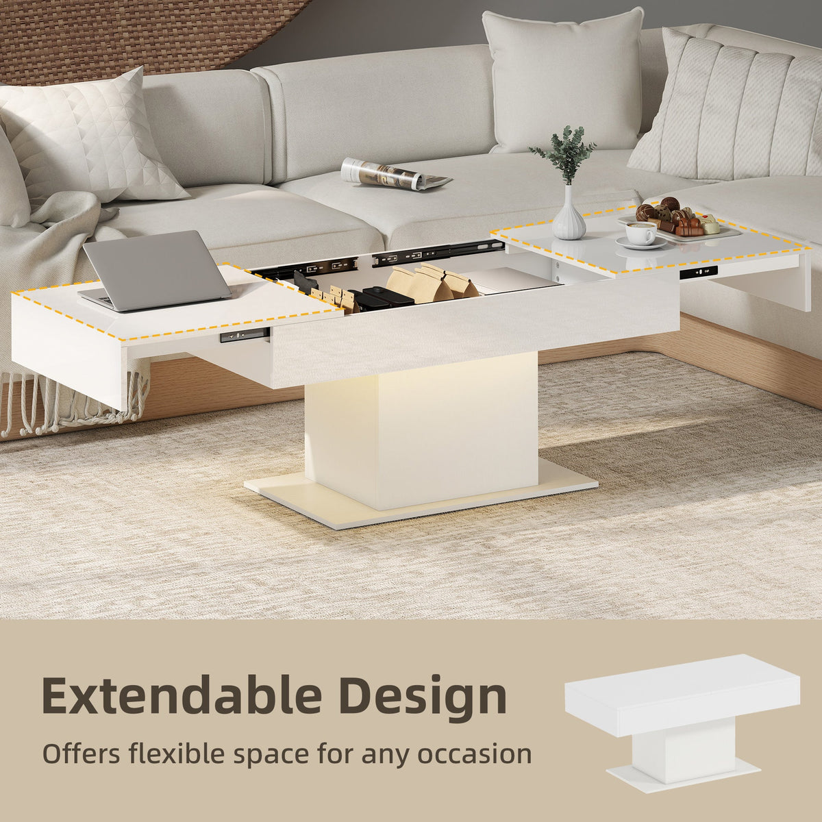 Table basse extensible Halston avec lumières LED et rangement dissimulé - Blanc