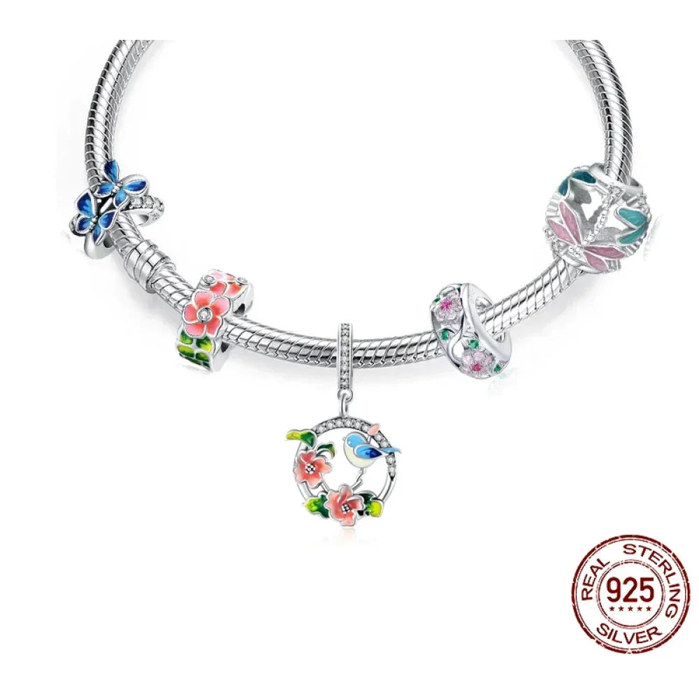 Pendentif en argent sterling 925 avec oiseaux colorés, fleurs, feuilles en oxyde de zirconium - Breloque pour bracelets et colliers