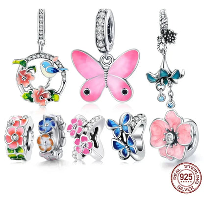 Pendentif en argent sterling 925 avec oiseaux colorés, fleurs, feuilles en oxyde de zirconium - Breloque pour bracelets et colliers
