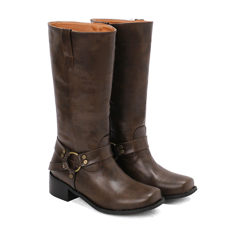 Women’s Square Toe Mid-Calf Boots – Stylish Suede Denim Boots for Fall & Winter