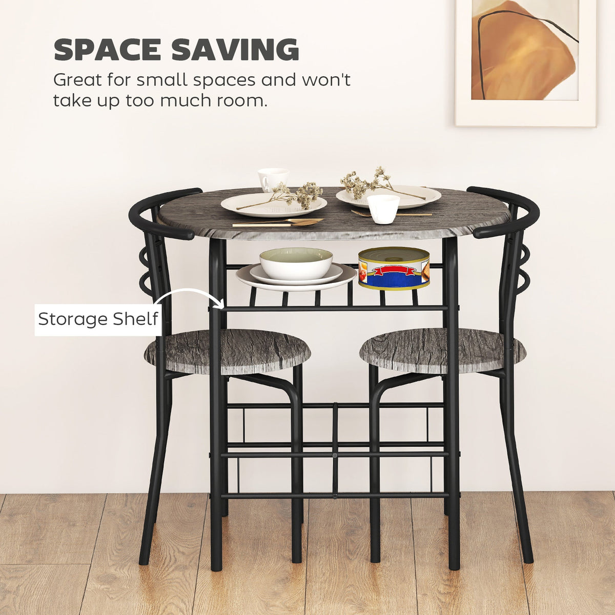 Foden 3-Piece Dining Set with Shelf, for Small Spaces-Dark Grey