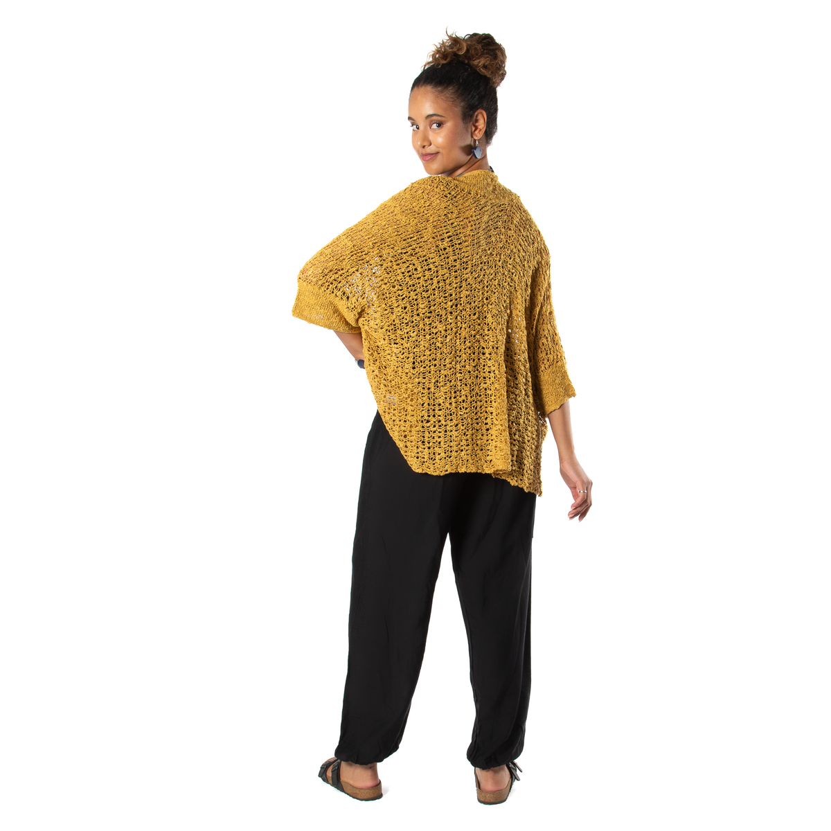 Cardigan à manches courtes en tricot point de riz - Moutarde