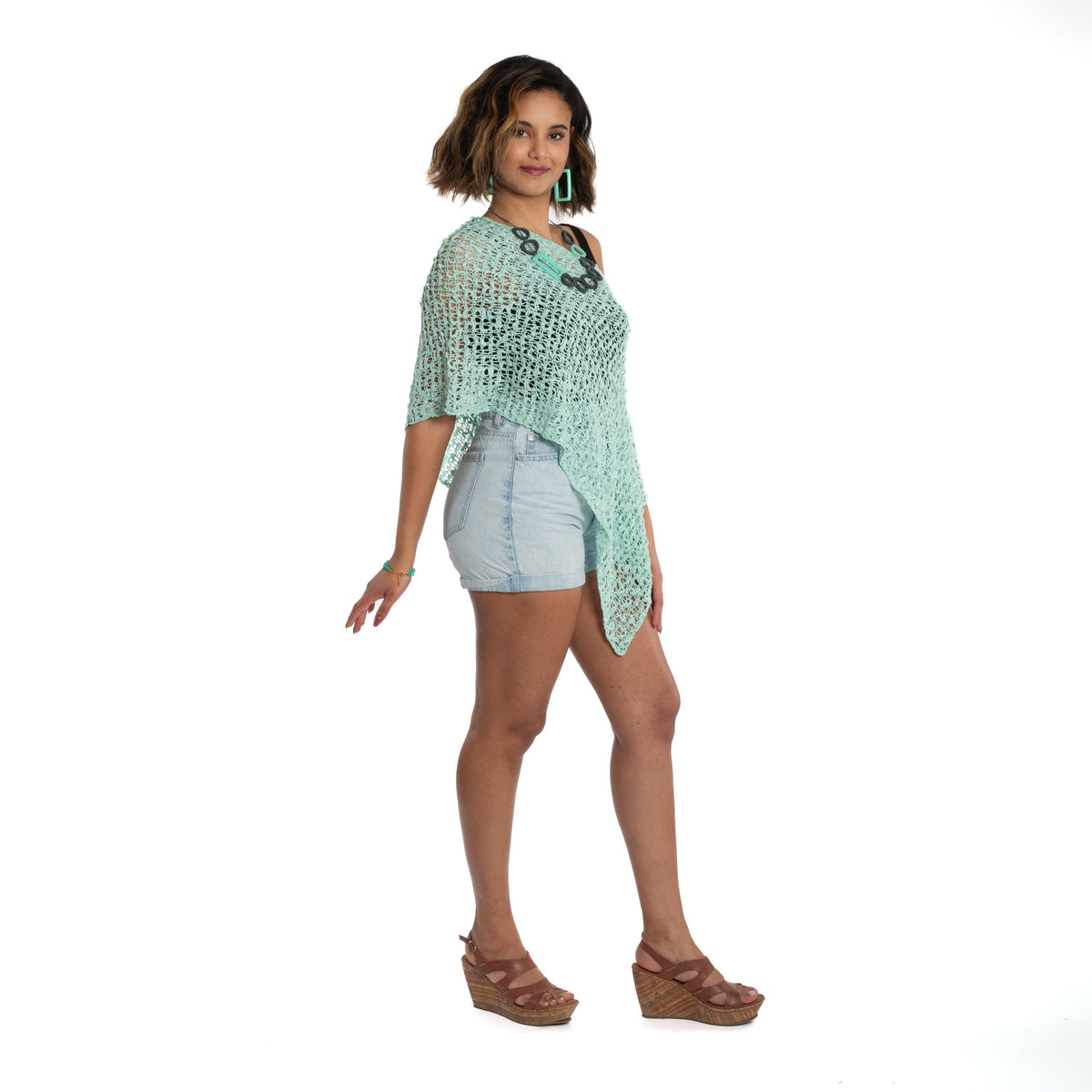 Poncho en maille texturée à motifs popcorn - Menthe