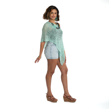Poncho en maille texturée à motifs popcorn - Menthe