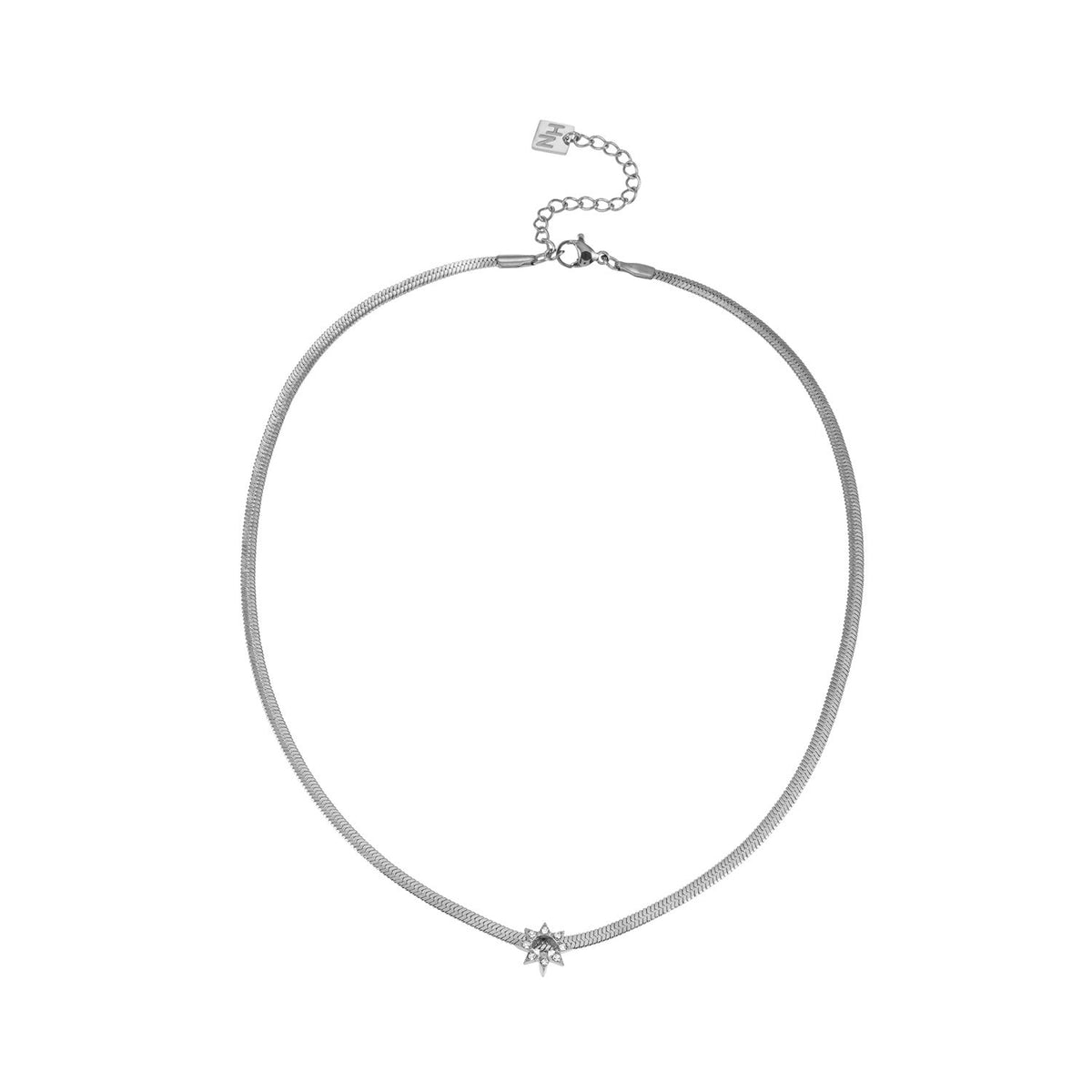 AGULHAS White Gold (Silver Toned): Celestial Elegance - Snake Skin Chain Necklace with Zirconia Embedded Star Charm