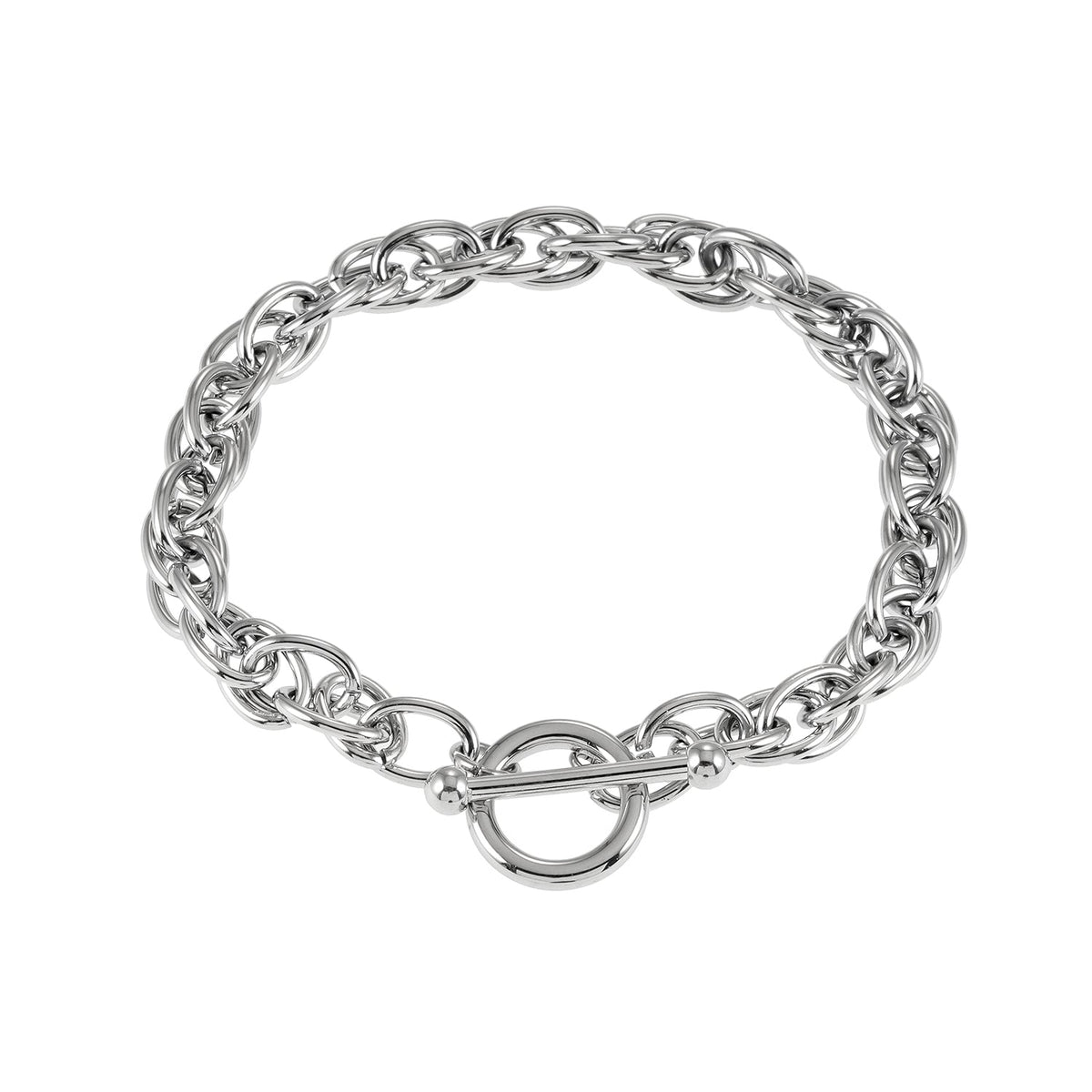 ARDA Silver (White Gold): Chunky Intricate Multi-Link Bracelet with Circle & T-Stopper