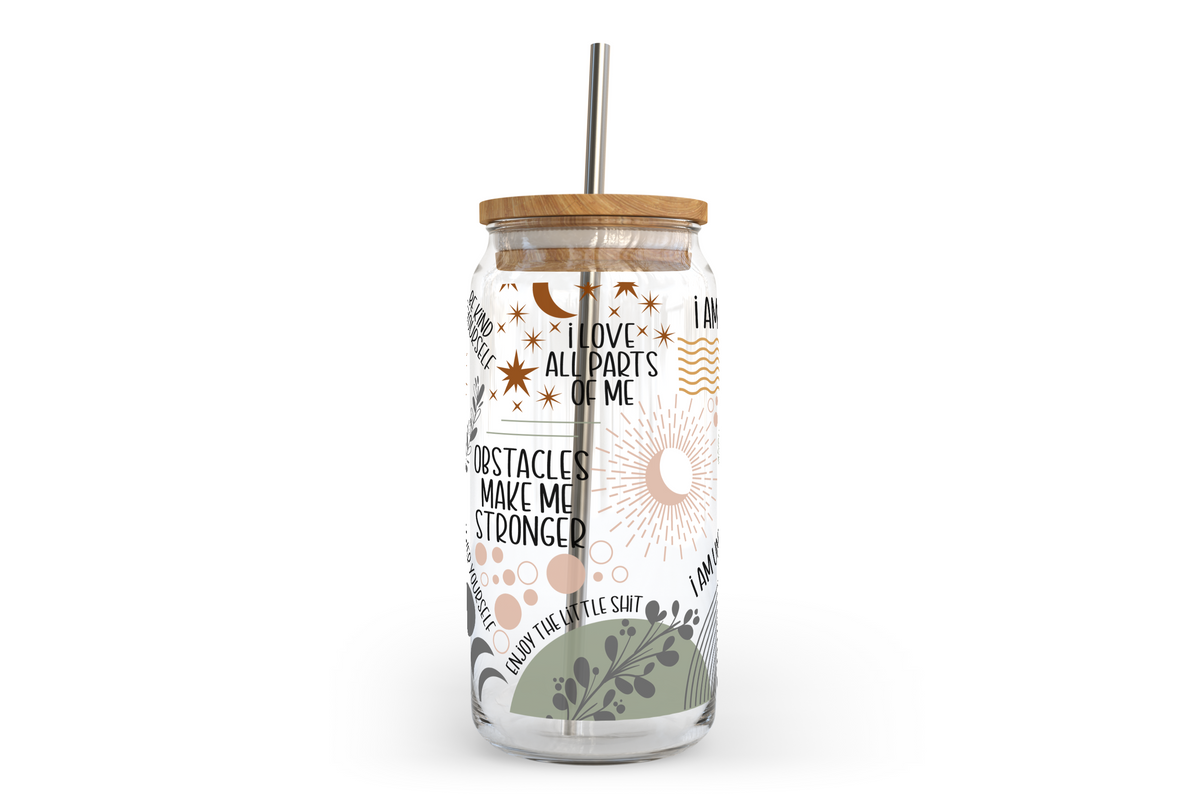 Verre bohème avec couvercle en bambou et affirmations