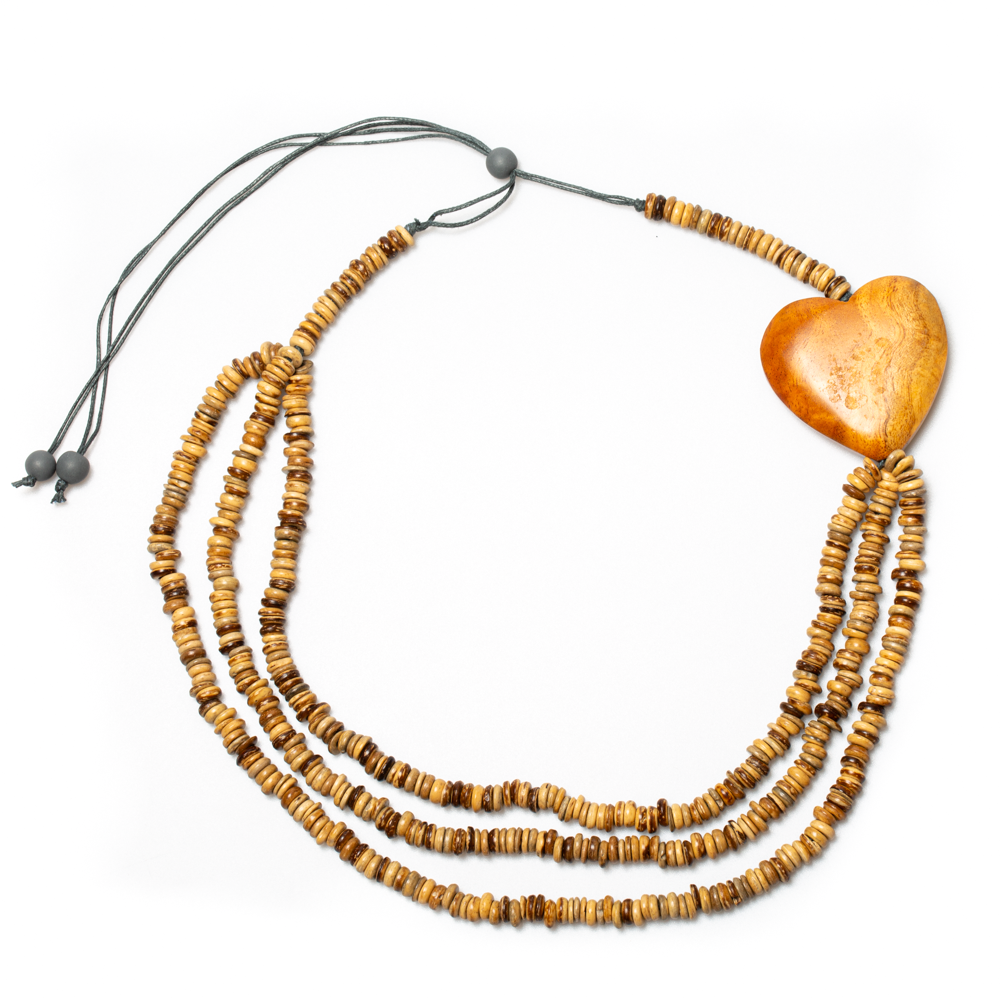 Triple Strand Coconut Bead & Wooden Heart Necklace