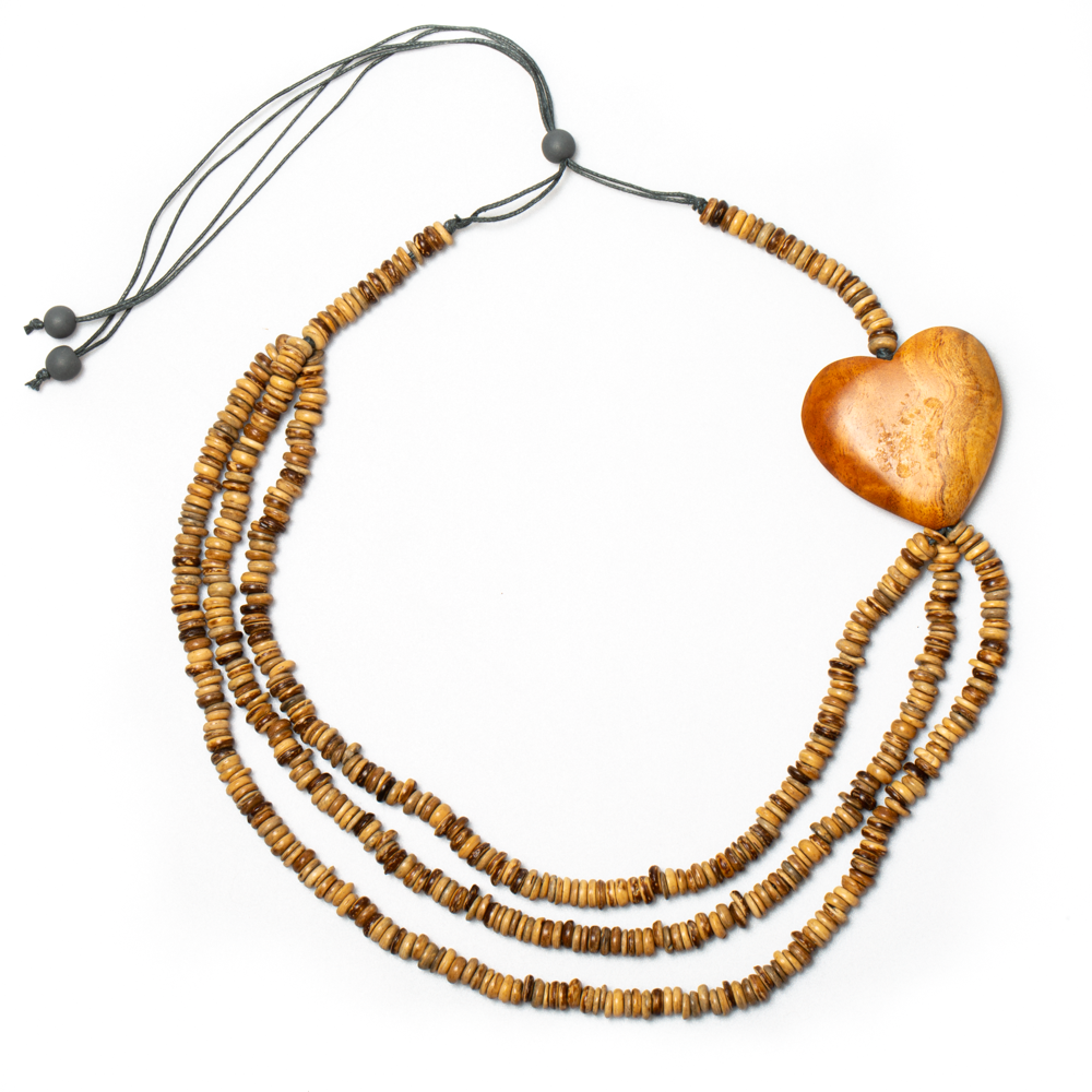 Triple Strand Coconut Bead & Wooden Heart Necklace