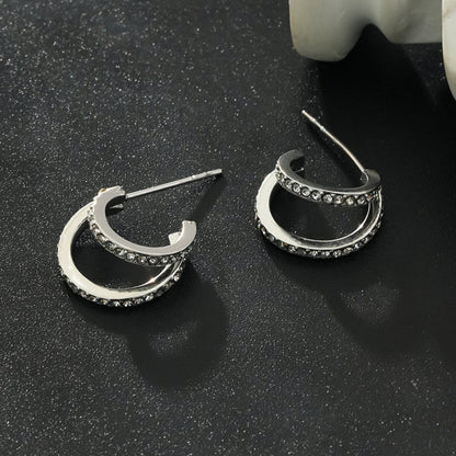 BOTTEGA: Double Banded Pavé Zirconia (CZ) Gemstones Embedded Hoop Earrings in Silver