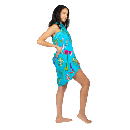 Flamingo & Fruit Print Sarong - Blue