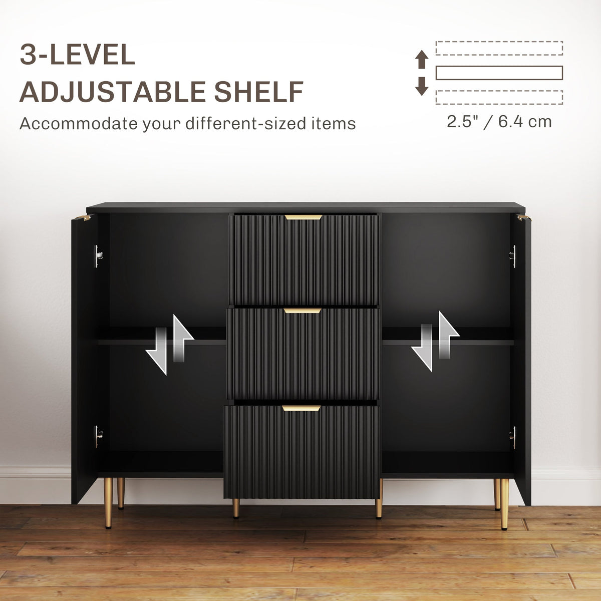 Ellis Modern Kitchen Buffet/Hallway Cabinet with 3 Drawers-Black