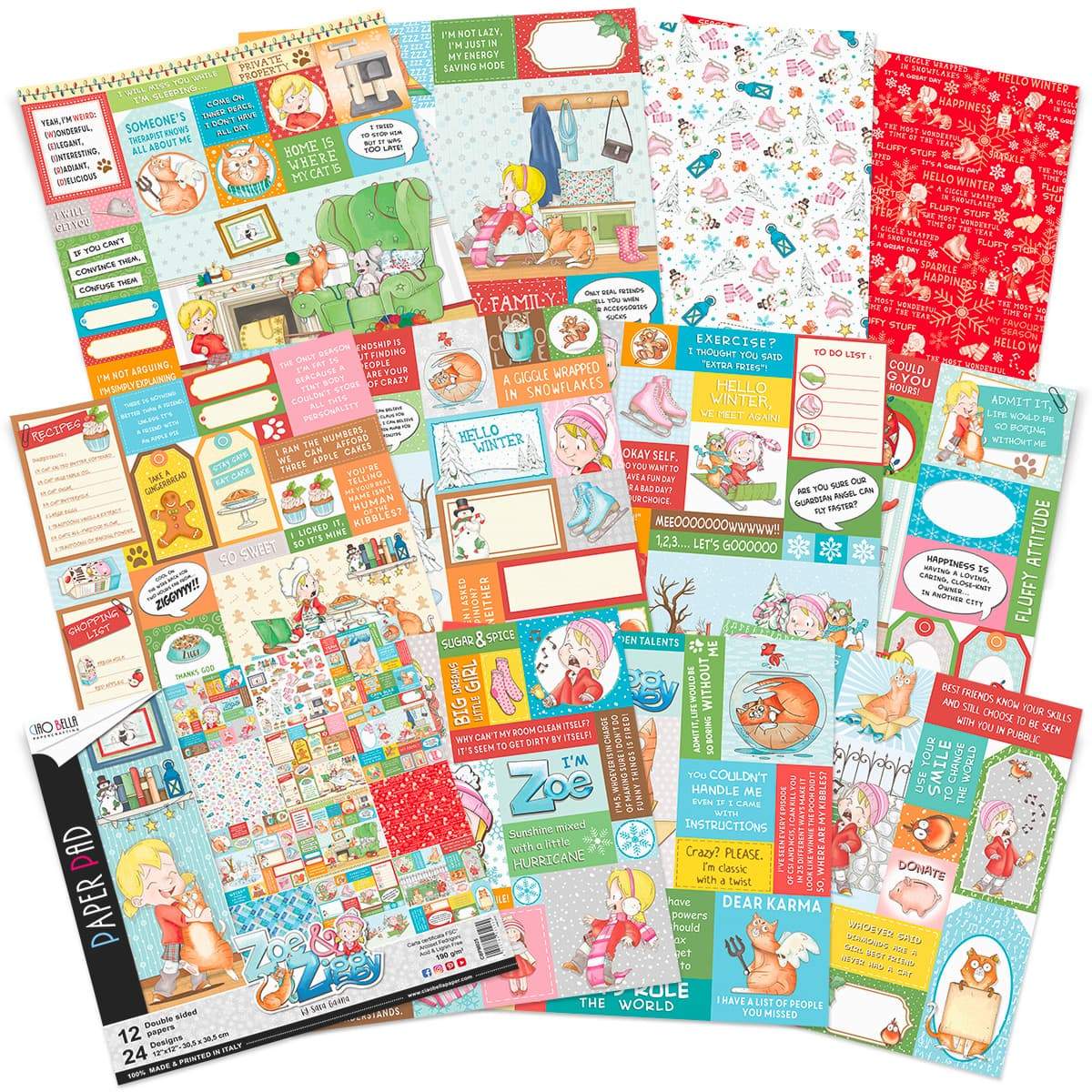 Bloc de papier Ciao Bella Zoe & Ziggy 12"x12" 12 feuilles/paquet