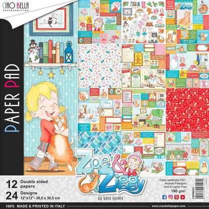 Bloc de papier Ciao Bella Zoe & Ziggy 12"x12" 12 feuilles/paquet
