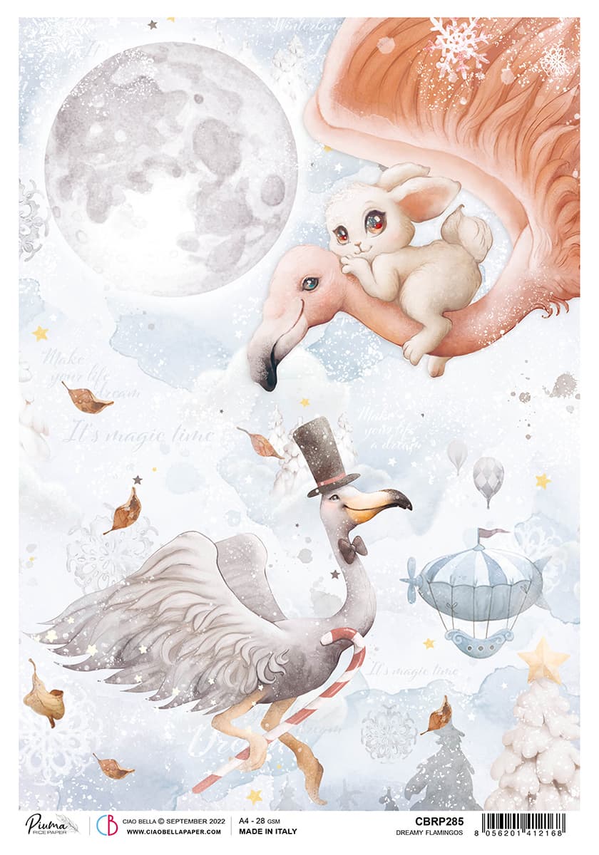 Papier de riz A4 Piuma Flamants roses rêveurs - 5 feuilles