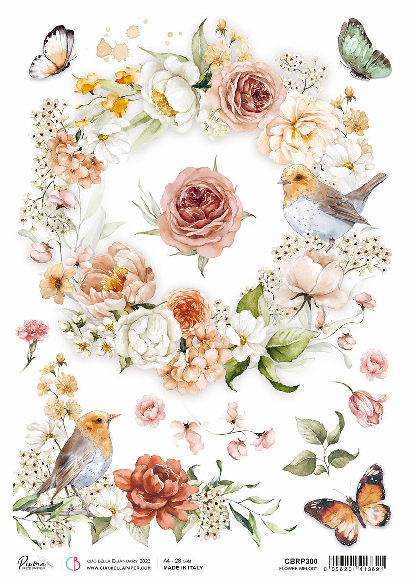 Papier de riz A4 Piuma Flower melody - 5 feuilles