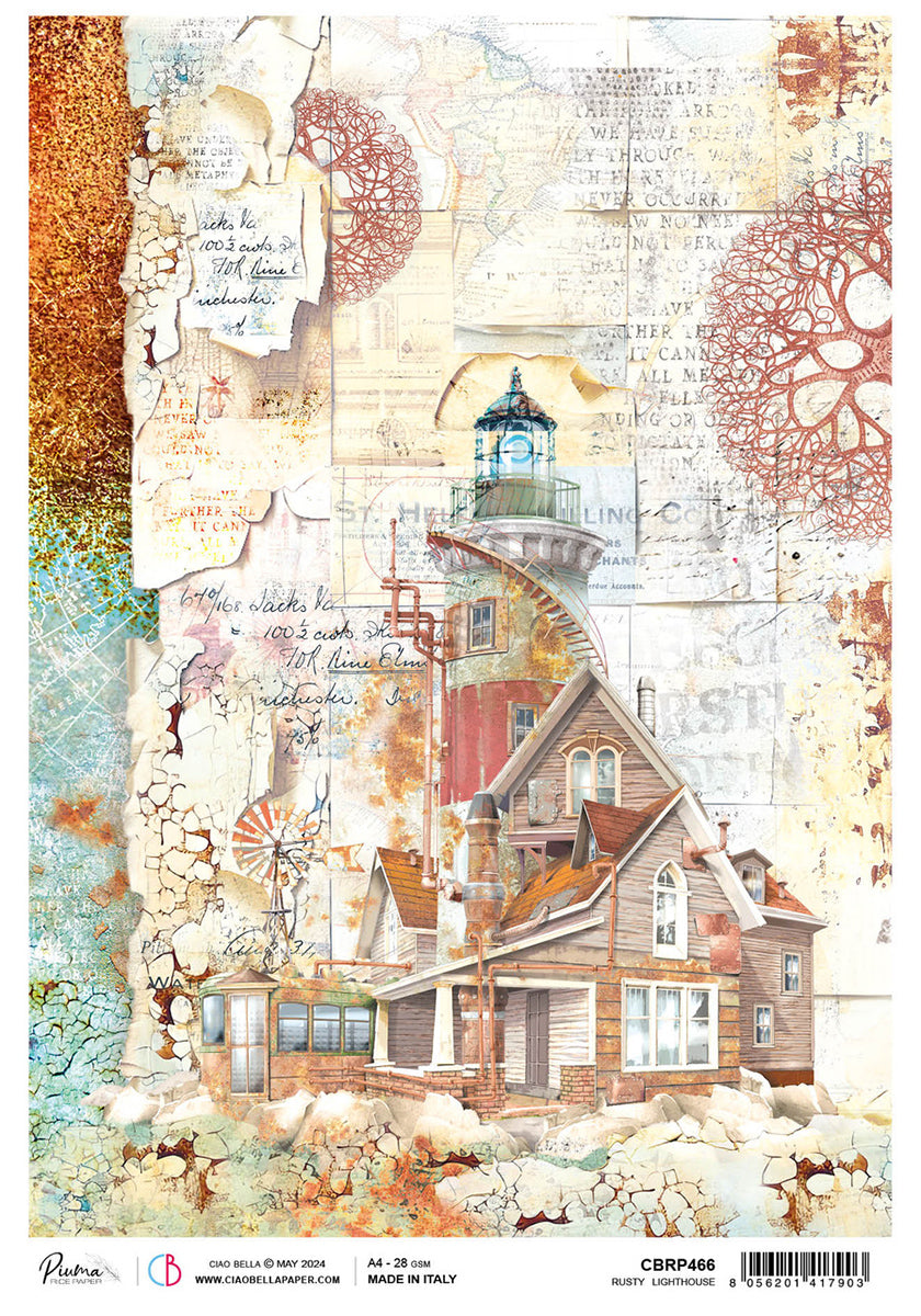 Papier de riz A4 Phare rouillé - 5 feuilles